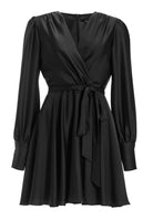 Cocktailkleid aus Satin mit breiten Manschetten, Wickel Oberteil und Tellerrock