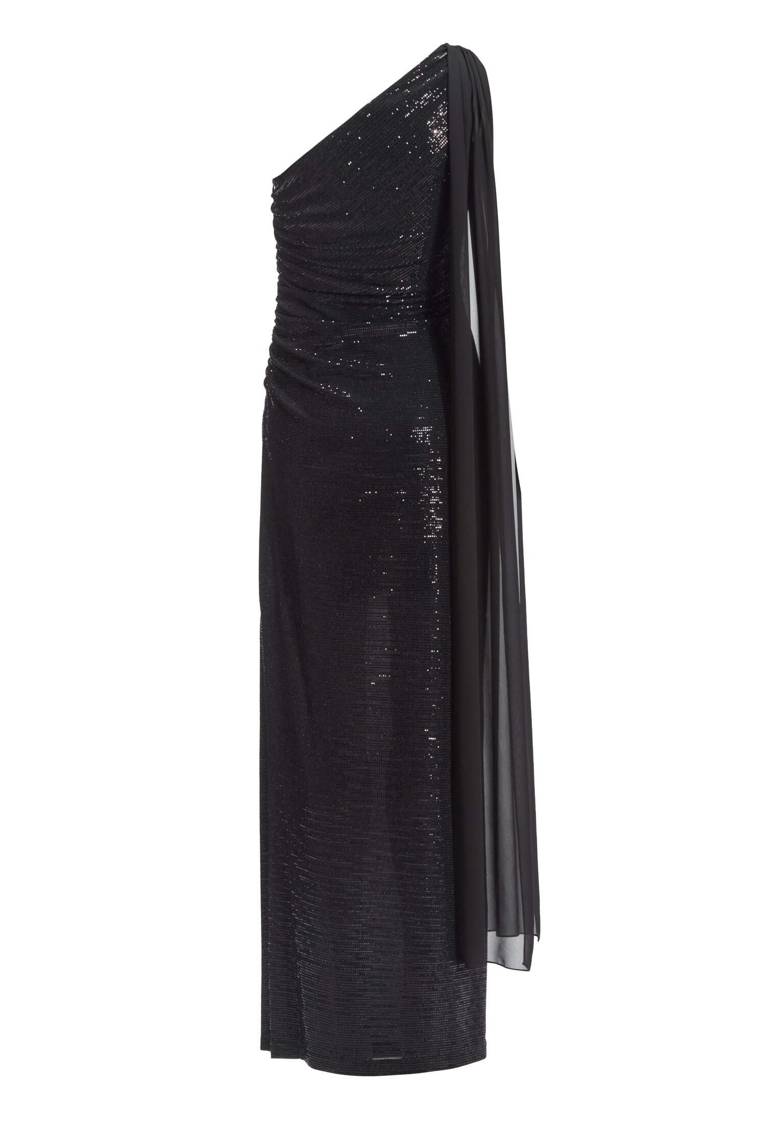 One-Shoulder Abendkleid aus foliertem Jersey mit Chiffon Schal