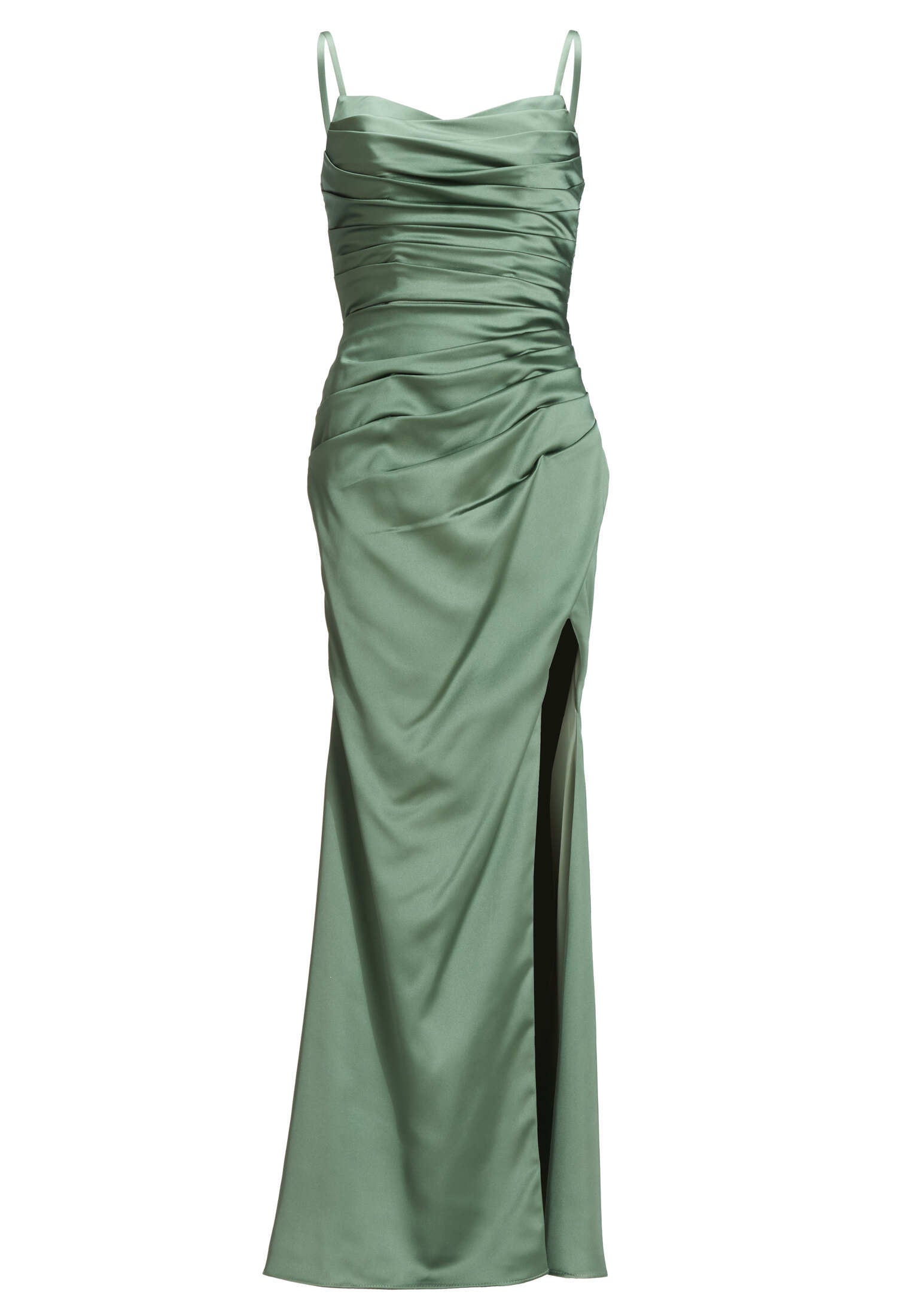 Satinkleid mit Raffungen und hohem Beinschlitz
