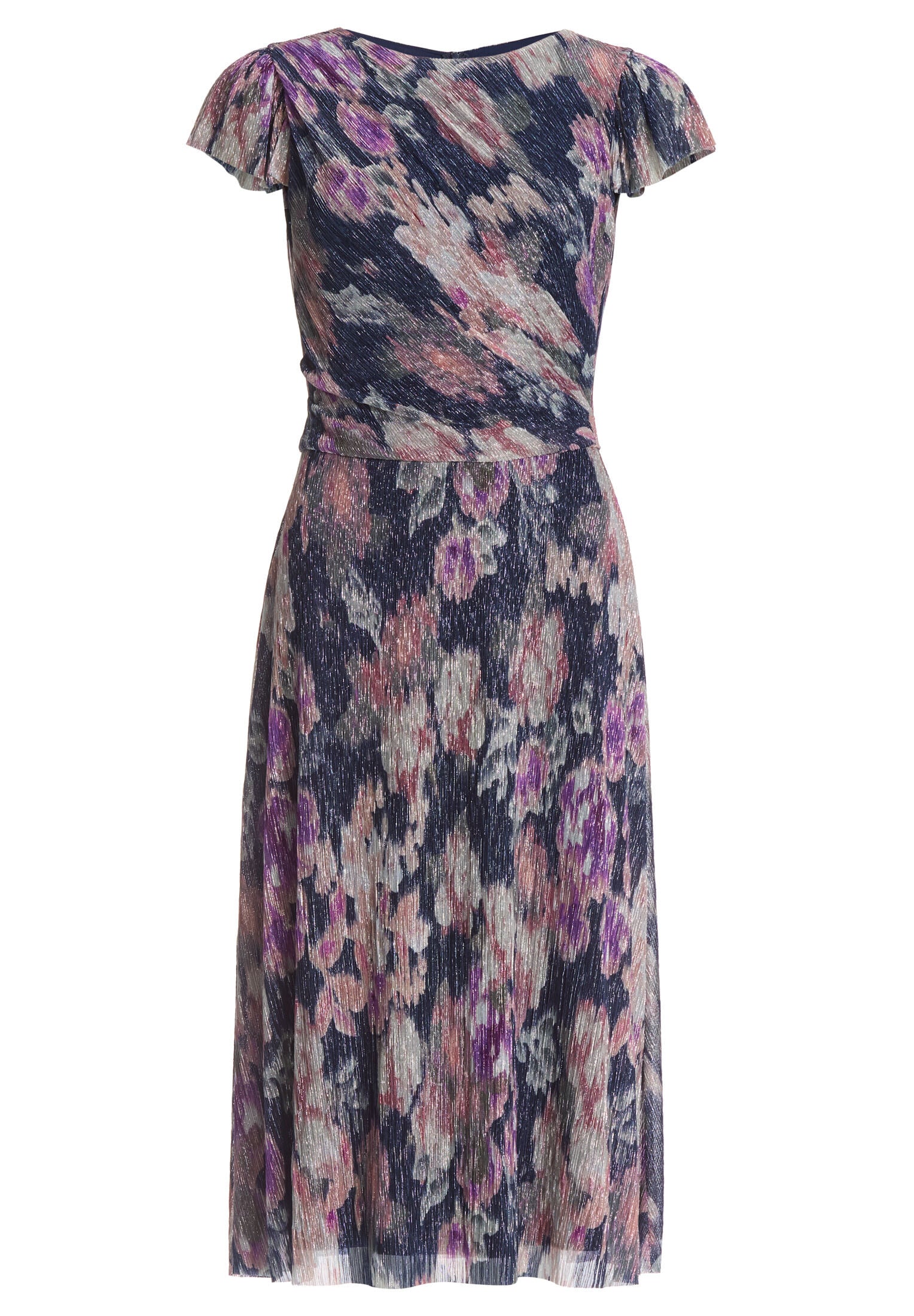 Midi Kleid aus bedrucktem Plissee Jersey mit kurzen Ärmeln