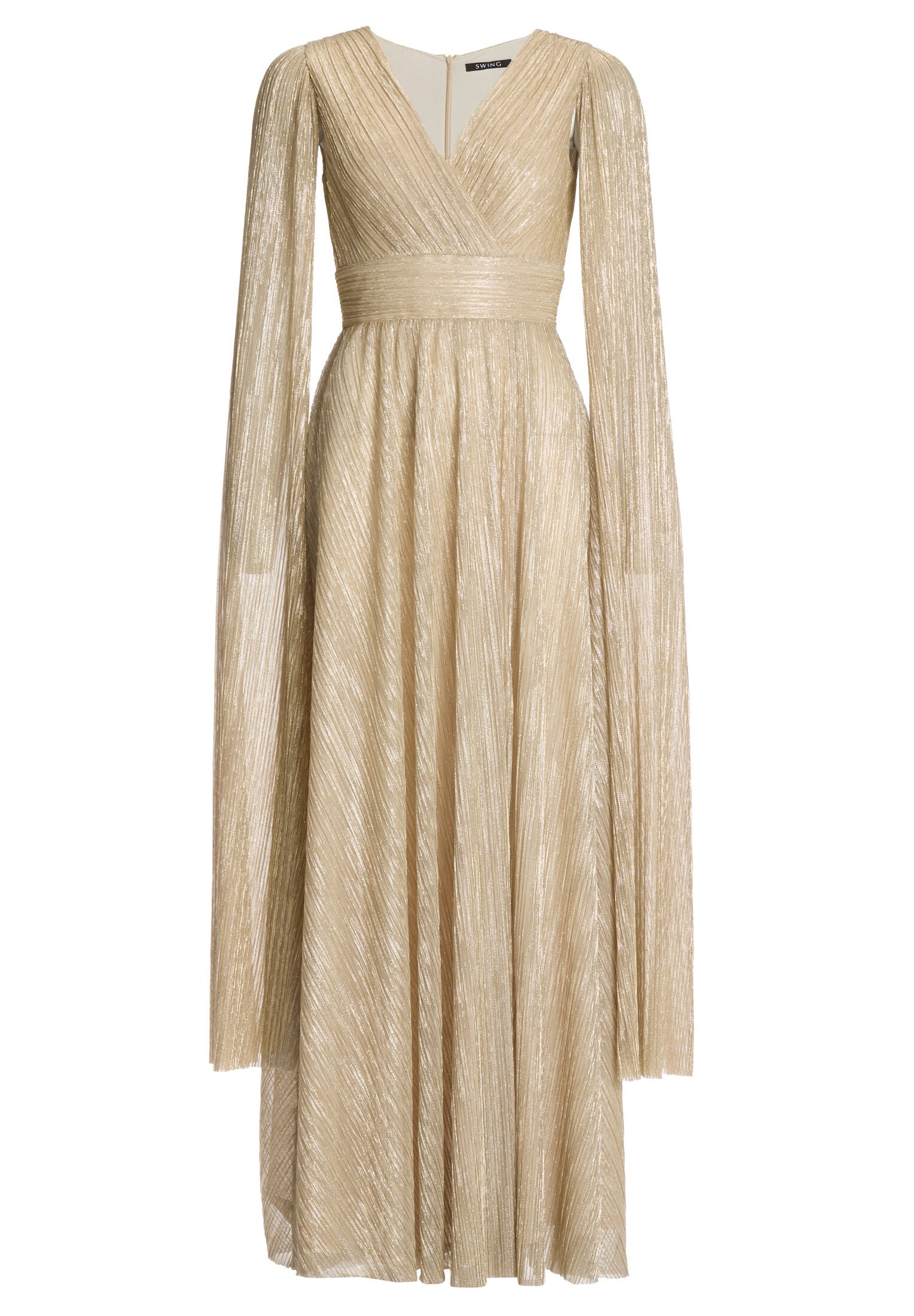 Abendkleid aus glänzendem Plissee Jersey mit langen Cape Ärmeln