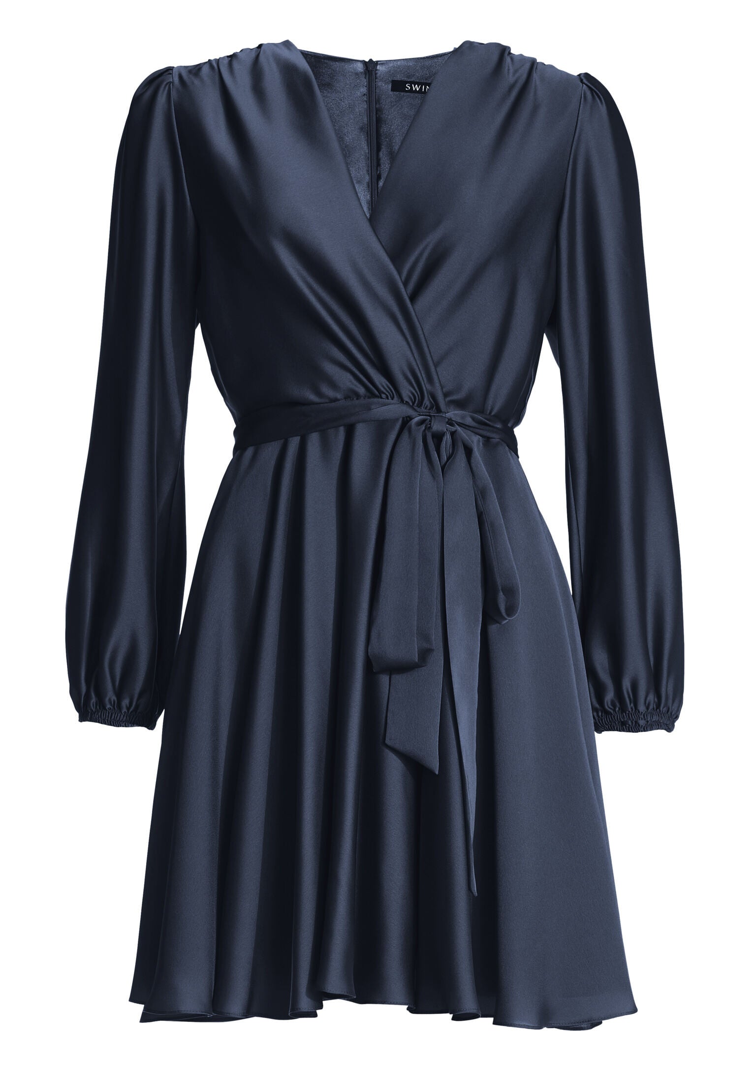 Cocktailkleid aus nachhaltigem Satin mit Wickel Oberteil und Tellerrock