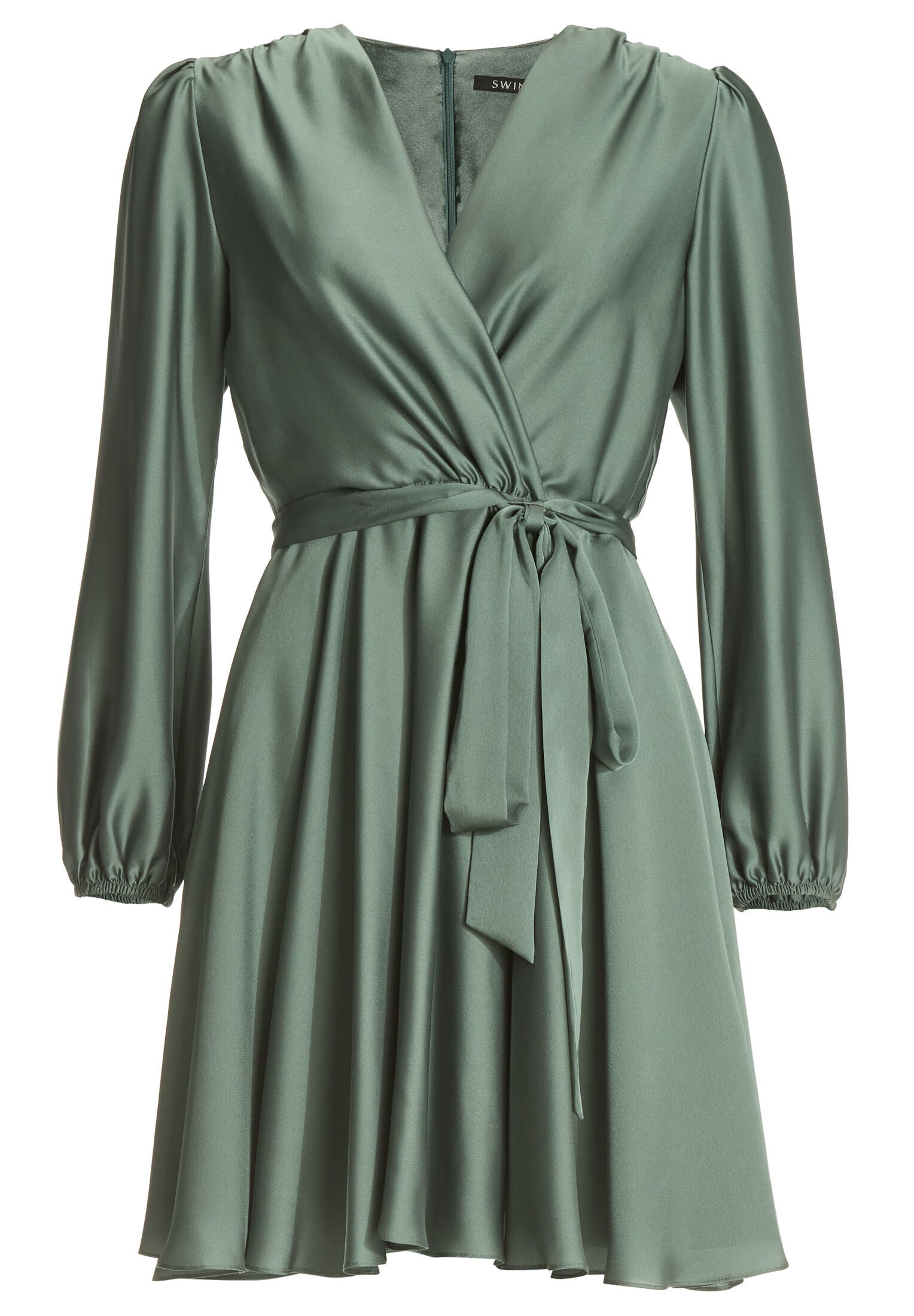 Cocktailkleid aus nachhaltigem Satin mit Wickel Oberteil und Tellerrock