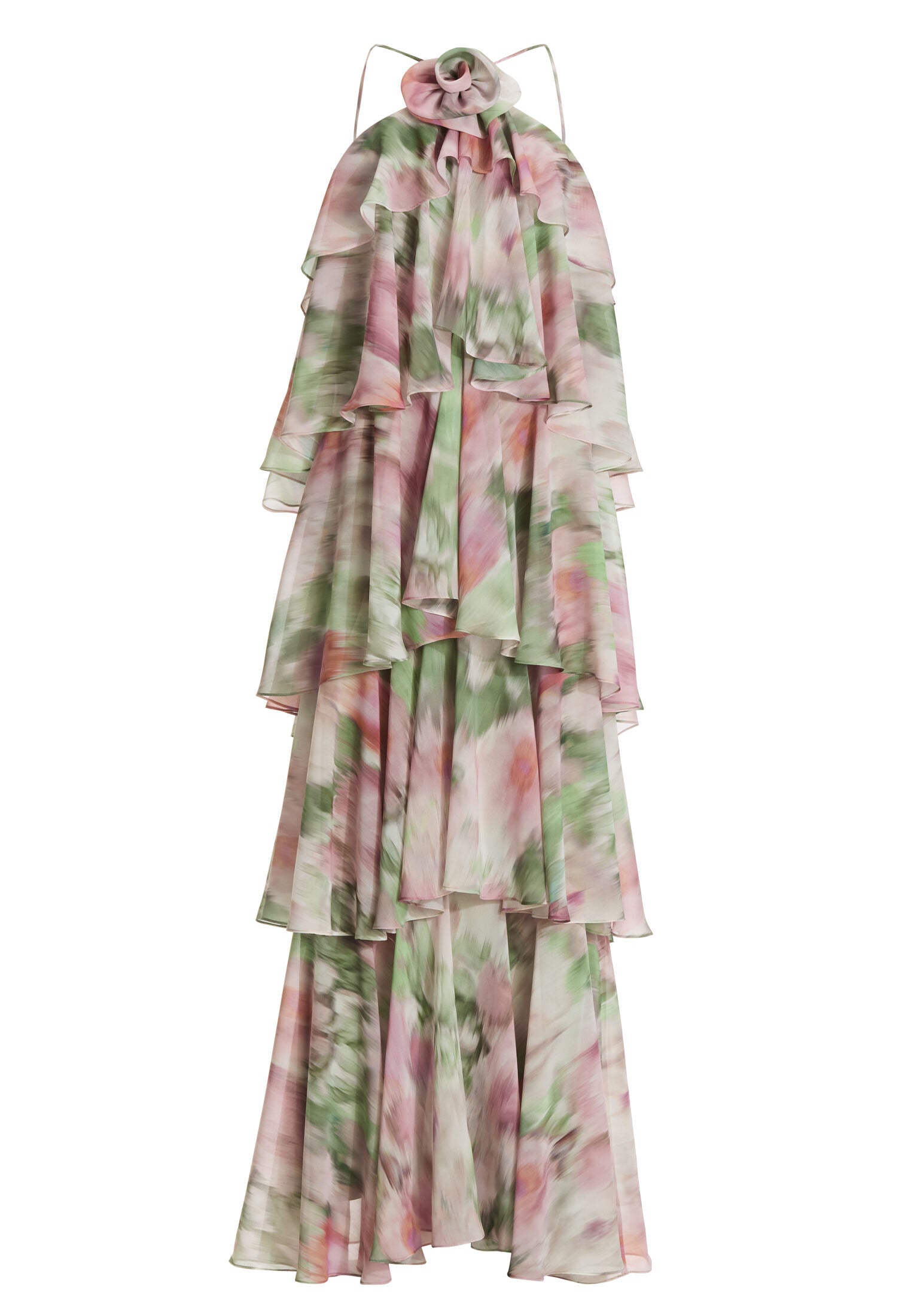 Abendkleid aus bedrucktem Chiffon mit gestuften Volants